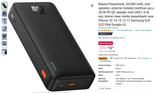 Baseus Powerbank 20.000 mAh voor €15,29 bij Amazon