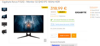 Monitor Gigabyte Aorus FI32Q 32" QHD IPS 165Hz HDR por 318.99€