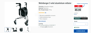 Weinberger opvouwbare aluminium rollator met 3 wielen voor €49,99 in de Lidl webshop