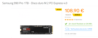 Disco Duro M.2 Samsung 990 PRO 1TB PCIe x4 NVMe por 108.9€