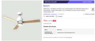 Mellerware Ventilador de Techo con Luz Brizy Bright Core 45W con 6 Velocidades 3 Aspas Reversibles por 74,69€