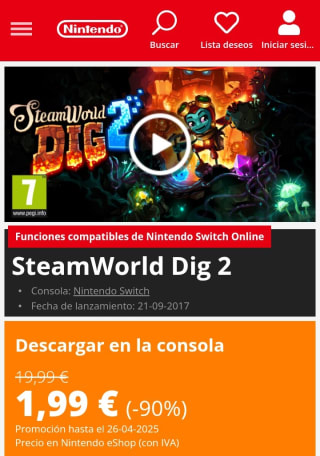 SteamWorld Dig 2 Nintendo Switch por 1,99€.