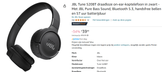 JBL Tune 520BT Zwart voor €39,80 bij Amazon