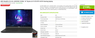 MSI Stealth A16 AI+ A3XVGG-223NL 16" Ryzen AI 9 370 RTX 4070 Gaming laptop voor €2.199 bij Megekko
