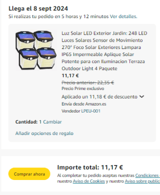 4 Luces Solar LED Exterior Jardín con sensor de movimiento por 11,17€