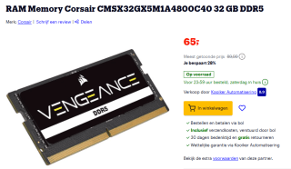 Corsair 32 GB DDR5 RAM-geheugen voor €65 bij Bol