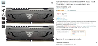 Memoria Patriot Memory Viper Steel DDR4 4000 16GB (2x8GB) CL16 por 77,99€