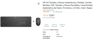 HP 230 Kit Teclado y Mouse a $524 en Amazon