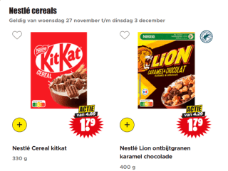 Nestlé cereals Lion en KitKat voor €1,79 bij Dirk.