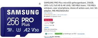 SAMSUNG PRO Plus 256GB 180MB/s microSD voor €19,85 met Amazon Prime