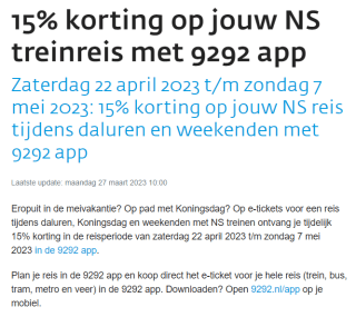 15% korting op NS reizen tijdens daluren en weekenden via 9292.nl