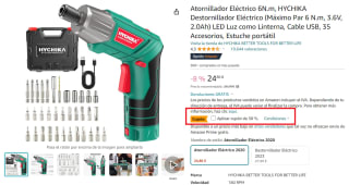 HYCHIKA Destornillador Eléctrico 6N.m, 3.6V, 2.0Ah por 17,40€