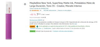 3 Maybelline New York, SuperStay Matte Ink, Pintalabios Mate de Larga Duración, Tono 35 - Creator, Morado Intenso por 13.03€