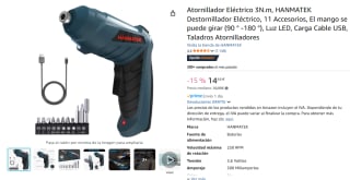Atornillador Eléctrico 3N.m, 11 Accesorios, Carga Cable USB por 14,44€