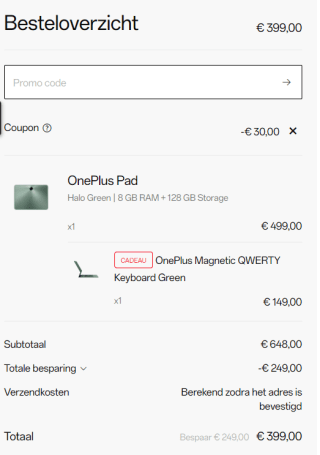 OnePlus Pad Halo Green 8 GB + 128 GB met gratis hoesje voor €399