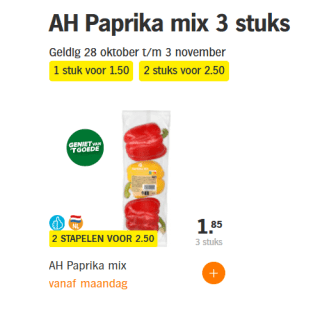 2 x AH Paprika mix 3 stuks voor €2,50 bij de AH