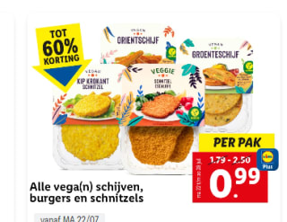 Alle vega(n) schijven, burgers en schnitzels 160-226 g voor €0,99 p.s. bij de Lidl