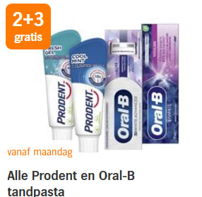 Alle Prodent en Oral-B tandpasta 2+3 gratis bij de AH