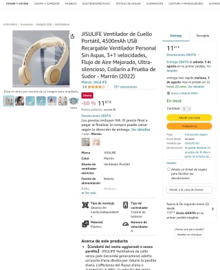 Ventilador de Cuello Portátil 4500mAh USB Recargable Ventilador Personal Sin Aspas 3+1 velocidades por 11,99€