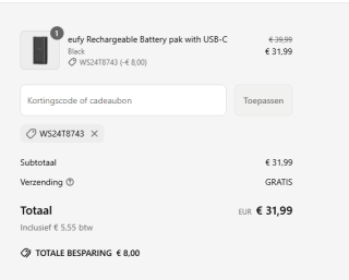 eufy Security-Rechargeable Battery Pack voor €31,99 dmv code bij Eufy