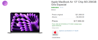 MacBook Air 13" M3 256GB por $16,500 en Costco con Membresía Ejecutiva