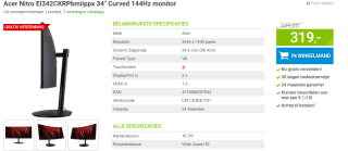 Acer Nitro EI342CKRPbmiippx 34" Curved 144Hz monitor voor €319 bij Megekko