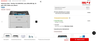 Impresora láser - Brother HLL3240CDW, Laser, 600x2400 dpi, 26 ppm, WiFi, Doble cara, Blanco por 189,26€