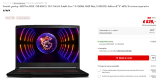 Portátil gaming MSI Thin GF63 12VE-009XES con Intel Core i5-12450H de 16GB/512GB SSD por 742,98€