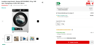 Lavadora carga frontal Hisense WF3S1043BW3, 10 kg, 1400 rpm, 19 programas por 299€