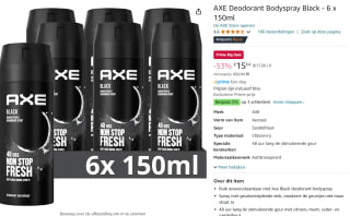 6 x 150 ml AXE Black Deodorant Bodyspray voor €15,64 met Amazon Prime