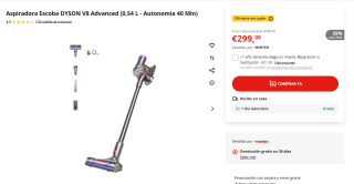 Aspiradora Escoba DYSON V8 Advanced por 254,15€ y V15 Detect Absolute por 526,16€