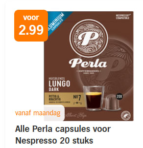 Alle Perla capsules voor Nespresso 20 stuks voor €2,99 bij de AH
