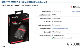 SSD 1TB EMTEC 3.1 Gen2 X200 Portable 4K voor €70 bij Informatique