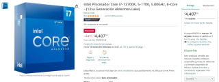 Intel Core i7-12700K S-1700 5.00GHz 8-Core 12va Gen por $4,407 en Amazon