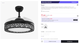 Ventilador de techo Jocca con plafón de 3 aspas transparentes con diámetro de 106 cm, con 6 velocidades, 3 opciones de luz por 59.49€