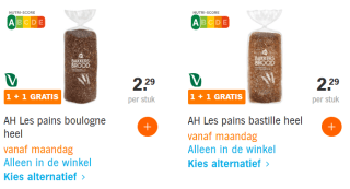 1+1 gratis op hele bakkersbroden bij Albert Heijn