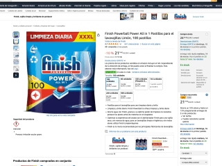 Pack 100 Pastillas Finish Powerball Power All in 1 para lavavajillas Limón por 21,74€