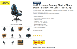 L33T Extreme Gaming Chair - Blue - Zwart / Blauw voor €69 bij Proshop