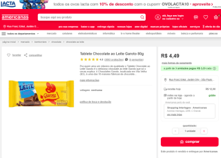 Tablete Chocolate ao Leite Garoto 80g - R$ 4,49