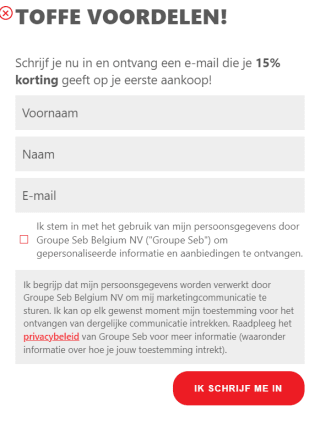 15% korting op je aankoop bij Tefal bij inschrijving op de nieuwsbrief