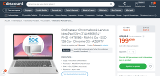 Ordinateur Chromebook Lenovo IdeaPad Slim 3 14M868| 14'' FHD à 199,99€