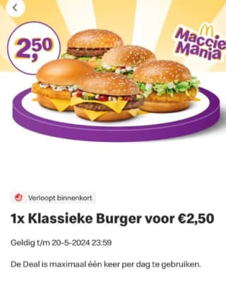 1 klassieke burger naar keuze voor €2,50 bij McDonald’s