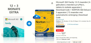 Microsoft 365 Family 15 maanden voor 6 gebruikers + NORTON 360 Deluxe voor €53,99 bij Amazon
