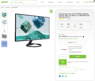 Monitor da Acer, modelo Vero de 23.8 polegadas Ultrafino - R$ 1.039