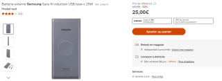 Batterie Samsung externe sans fil induction USB type-c à 25€