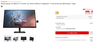 Monitor gaming HP OMEN 27, 27", Full HD, 1 ms, 165 Hz, 2 HDMI 2.0 por 149€