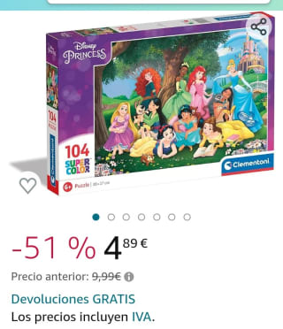Clementoni Puzzle Infantil 104 Piezas Princesas Disneyvpor 4,89€.