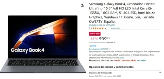 Portátil - Samsung Galaxy Book4, 15.6" FHD, Intel® Core™ i5-1335U, 16GB RAM, 512GB SSD, Intel® Graphics, W11H por 599€