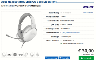 Asus Headset ROG Strix GO Core Moonlight voor €30 bij Informatique