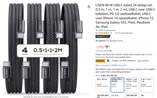LISEN 60 W USB C-kabels, [4-delige set, 0,5 m, 1 m, 1 m, 2 m), voor €4,99 bij Amazon